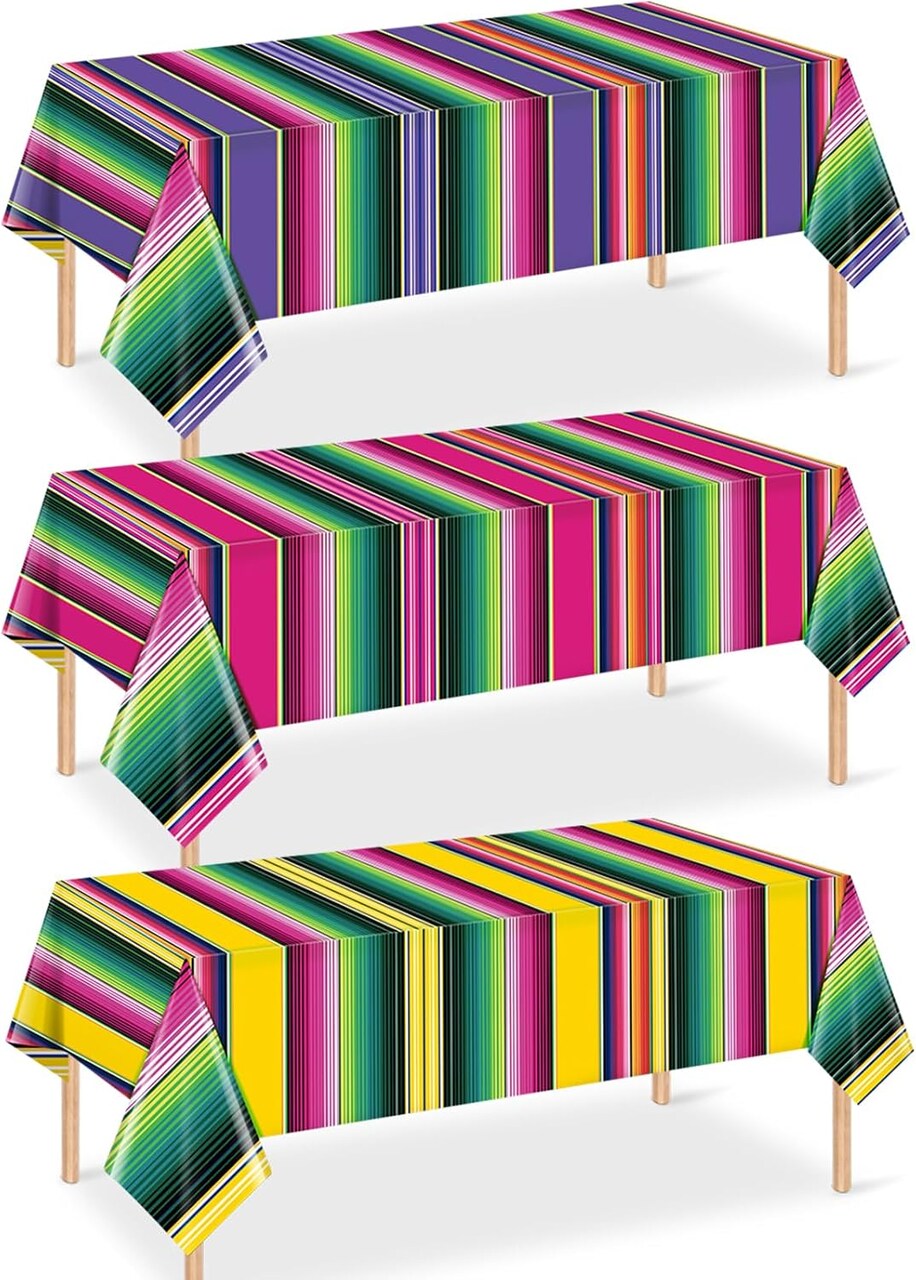 3 Pack Mexican Fiesta Plastic Tablecloths – Waterproof Serape Striped Disposable Table Covers (108 x 54 in) – Cinco de Mayo Taco Night, Birthday, Wedding & Carnival Party Decorations – Perfect for Mother's Day Card Making Displays